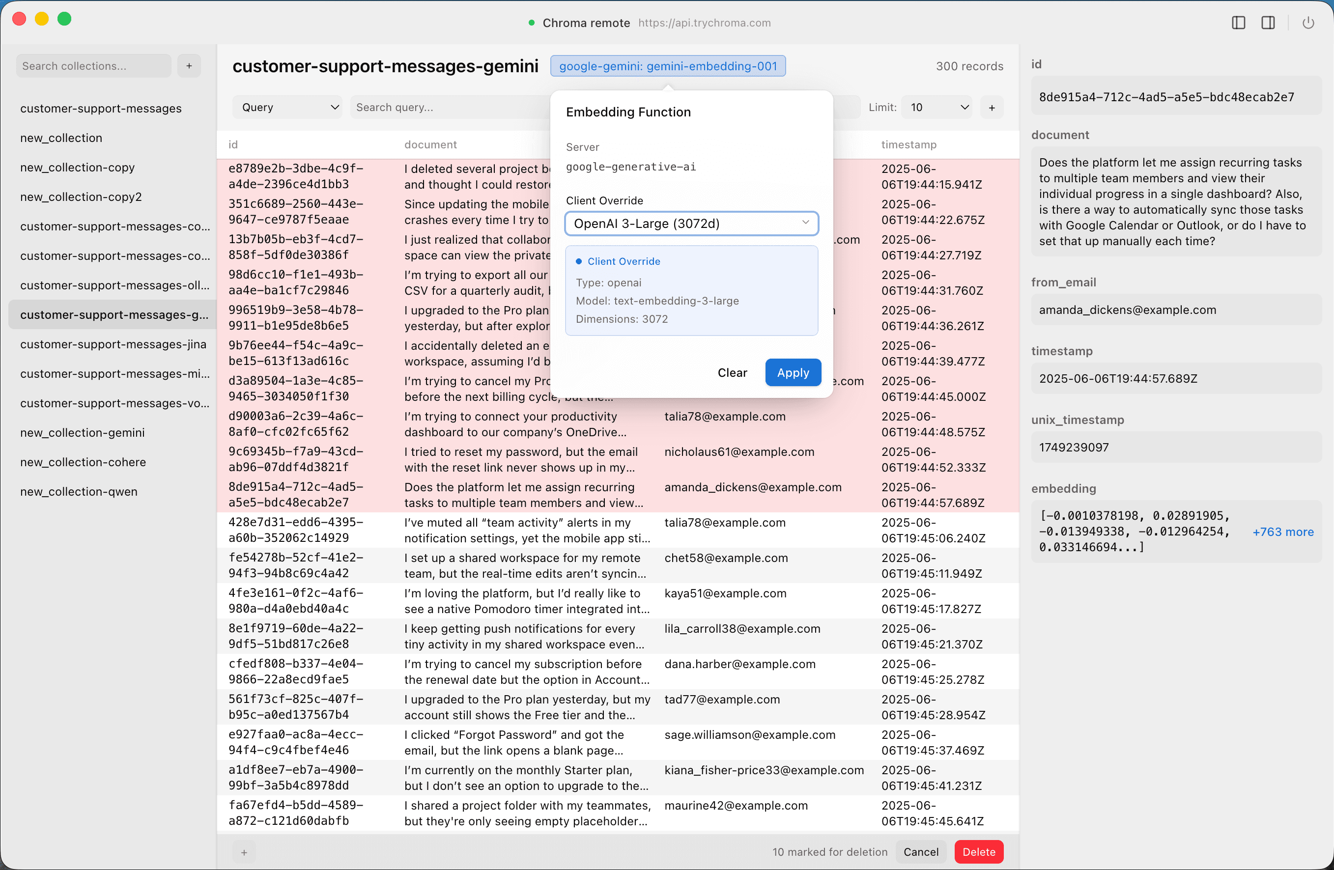 ChromaDB embeddings inspector showing vector embeddings and document metadata